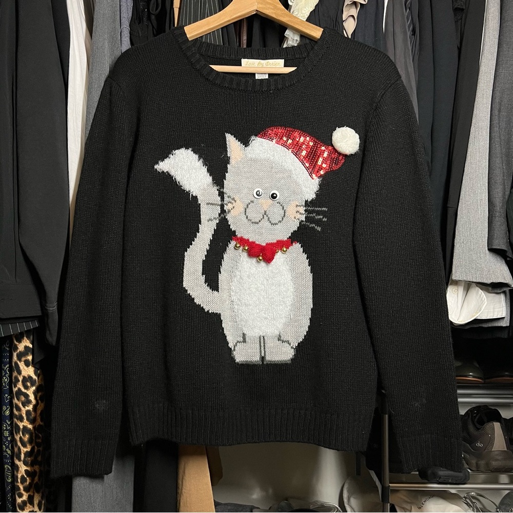 Love by Design Kitty Bell Ugly/Cute Holiday Christmas Cat Sweater Black